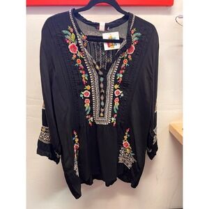 Johnny Was Black w/Pink, Green and Teal Embroidered Flowers Blouse